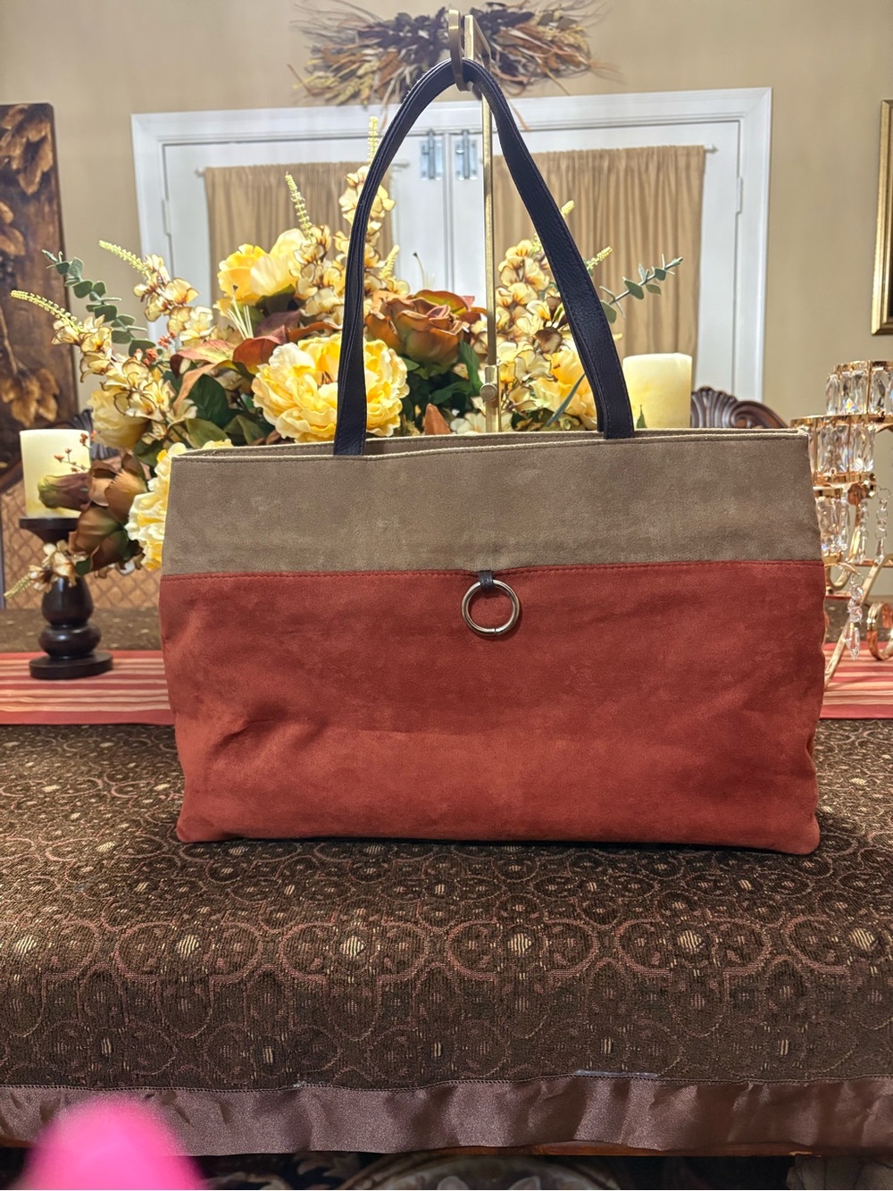 Estee Lauder Two-Tone Suede Shoulder Bag in Rust and Taupe with Black Handles